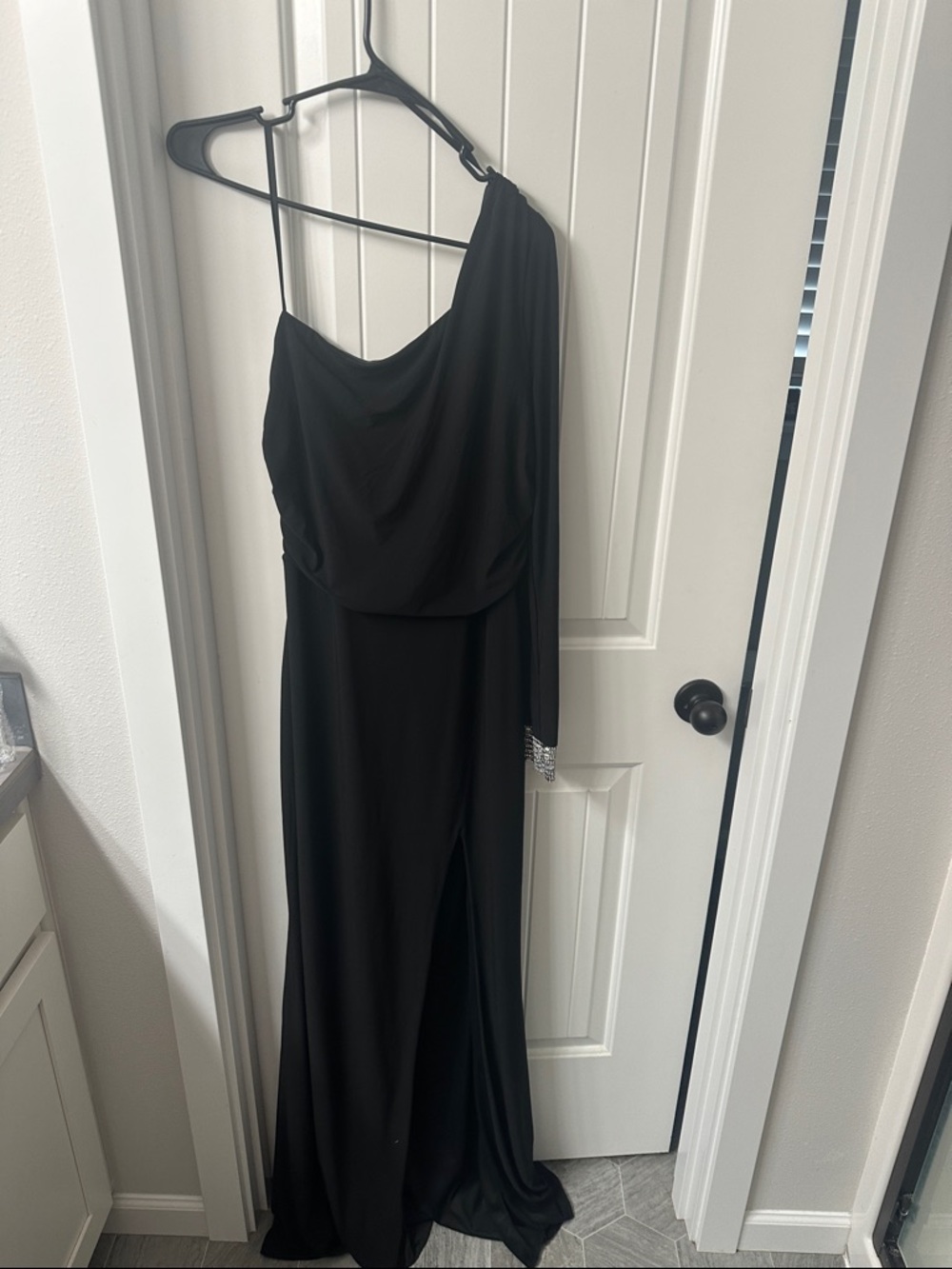 City Studio Black One-Shoulder Evening Gown with Draped Bodice